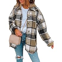 SHEWIN Womens Casual Plaid Shacket Jacket Hoodie Long Sleeve